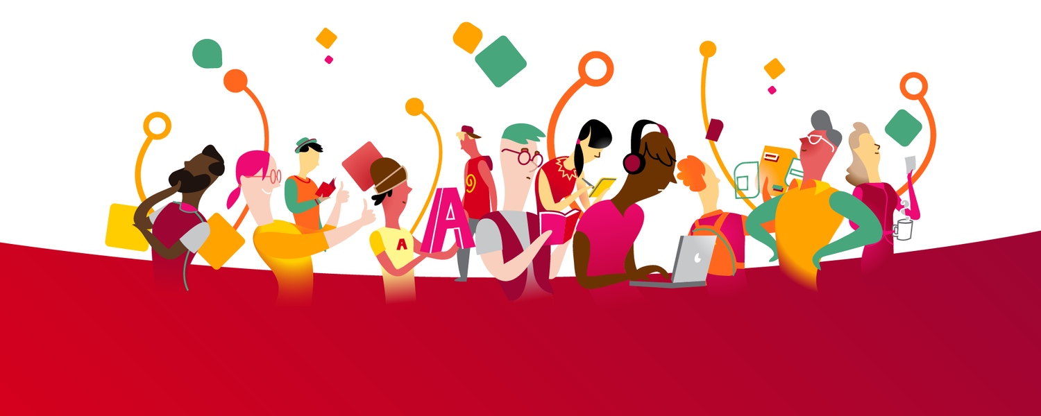 Red background with illustration of diverse group of individuals interacting with technology