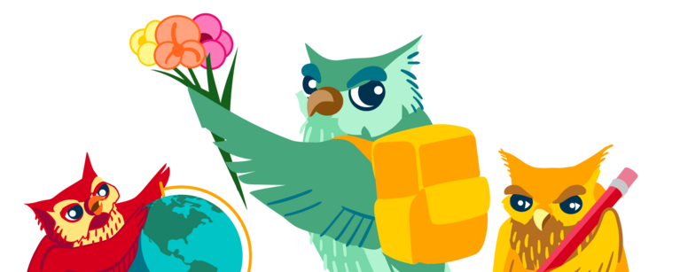 Illustration of three owls with a globe, flowers, and a pencil.