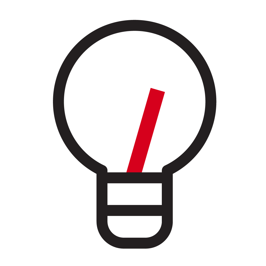 A lightbulb icon with a slanted red filament.