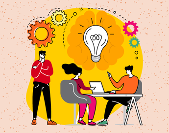 Students and instructor sitting in a room with a laptop, light bulb depicted in front of a brain indicating an ideation session.